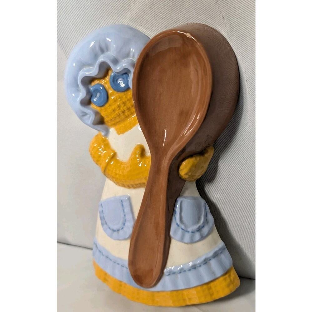 Vintage Hand Painted Ceramic Spoon Rest Burlap Dress Lady Doll Button Eyes